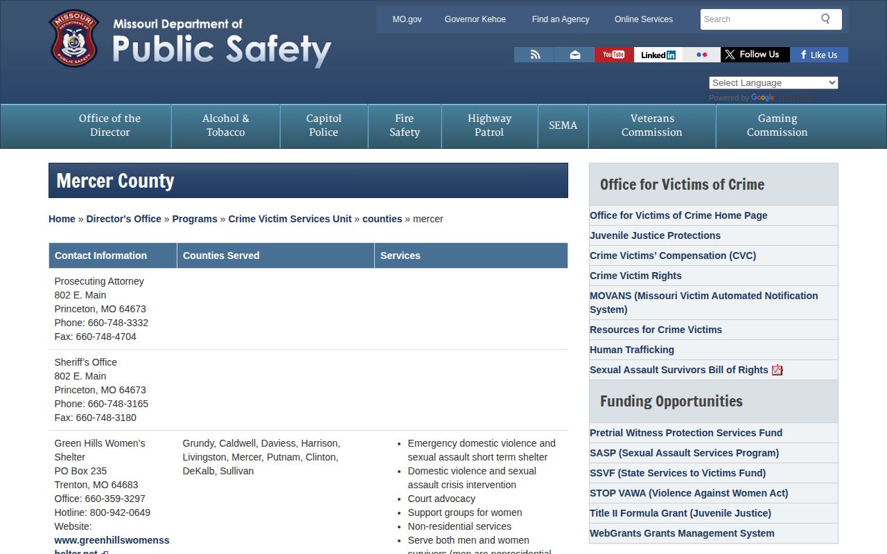 Missouri DPS official Mercer County sheriff and jail contact directory